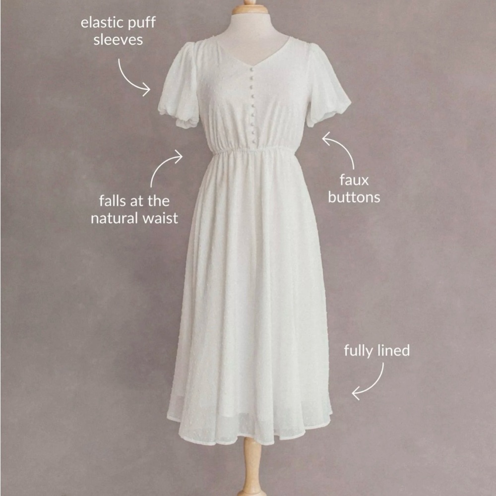 JessaKae Elegant Cream Midi Dress with Puff Sleeves